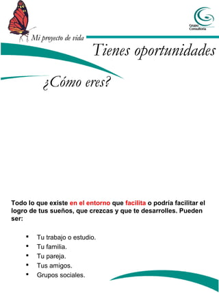 Mi proyecto de vidaMi proyecto de vida
Todo lo que existe en el entorno que facilita o podría facilitar el
logro de tus sueños, que crezcas y que te desarrolles. Pueden
ser:
 Tu trabajo o estudio.
 Tu familia.
 Tu pareja.
 Tus amigos.
 Grupos sociales.
¿Cómo eres?
Tienes oportunidades
 