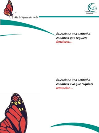 Mi proyecto de vidaMi proyecto de vida
Seleccione una actitud o
conducta que requiera
fortalecer…
Seleccione una actitud o
conducta a la que requiera
renunciar…
 