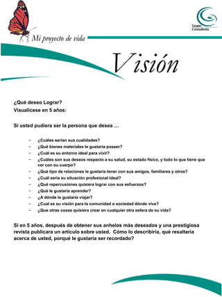 Mi proyecto de vidaMi proyecto de vida
Visión
¿Qué deseo Lograr?
Visualícese en 5 años:
Si usted pudiera ser la persona que desea …
– ¿Cuáles serían sus cualidades?
– ¿Qué bienes materiales le gustaría poseer?
– ¿Cuál es su entorno ideal para vivir?
– ¿Cuáles son sus deseos respecto a su salud, su estado físico, y todo lo que tiene que
ver con su cuerpo?
– ¿Qué tipo de relaciones le gustaría tener con sus amigos, familiares y otros?
– ¿Cuál sería su situación profesional ideal?
– ¿Qué repercusiones quisiera lograr con sus esfuerzos?
– ¿Qué le gustaría aprender?
– ¿A dónde le gustaría viajar?
– ¿Cual es su visión para la comunidad o sociedad dónde vive?
– ¿Que otras cosas quisiera crear en cualquier otra esfera de su vida?
Si en 5 años, después de obtener sus anhelos más deseados y una prestigiosa
revista publicara un artículo sobre usted, Cómo lo describiría, qué resaltaría
acerca de usted, porqué le gustaría ser recordado?
 