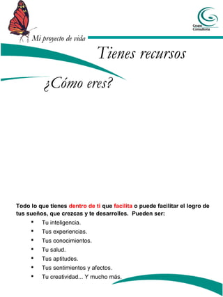 Mi proyecto de vidaMi proyecto de vida
¿Cómo eres?
Tienes recursos
Todo lo que tienes dentro de ti que facilita o puede facilitar el logro de
tus sueños, que crezcas y te desarrolles. Pueden ser:
 Tu inteligencia.
 Tus experiencias.
 Tus conocimientos.
 Tu salud.
 Tus aptitudes.
 Tus sentimientos y afectos.
 Tu creatividad... Y mucho más.
 