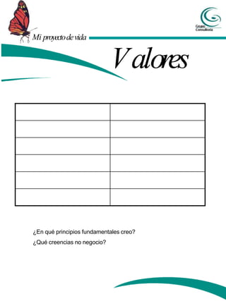 Mi proyectodevida
Valores
¿En qué principios fundamentales creo?
¿Qué creencias no negocio?
 