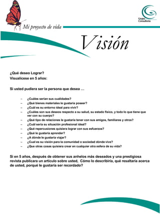 Visión ¿Qué deseo Lograr? Visualícese en 5 años: Si usted pudiera ser la persona que desea … ¿Cuáles serían sus cualidades? ¿Qué bienes materiales le gustaría poseer? ¿Cuál es su entorno ideal para vivir? ¿Cuáles son sus deseos respecto a su salud, su estado físico, y todo lo que tiene que ver con su cuerpo? ¿Qué tipo de relaciones le gustaría tener con sus amigos, familiares y otros? ¿Cuál sería su situación profesional ideal? ¿Qué repercusiones quisiera lograr con sus esfuerzos? ¿Qué le gustaría aprender? ¿A dónde le gustaría viajar? ¿Cual es su visión para la comunidad o sociedad dónde vive? ¿Que otras cosas quisiera crear en cualquier otra esfera de su vida? Si en 5 años, después de obtener sus anhelos más deseados y una prestigiosa revista publicara un artículo sobre usted,  Cómo lo describiría, qué resaltaría acerca de usted, porqué le gustaría ser recordado? 