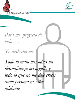 Mi proyecto de vida




Para mi proyecto de
vida….
Yo deshecho mi:
Todo lo malo mis odios mi
desconfianza mi orgullo y
todo lo que no me deje crecer
como persona ni salir
adelante.
 