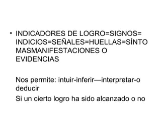 INDICADORES DE LOGRO=SIGNOS= INDICIOS=SEÑALES=HUELLAS=SÍNTOMASMANIFESTACIONES O EVIDENCIAS   Nos permite: intuir-inferir—interpretar-o deducir Si un cierto logro ha sido alcanzado o no 