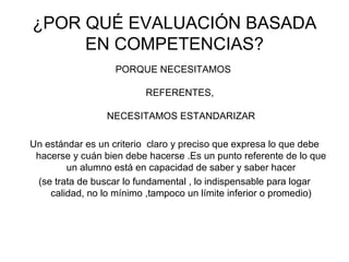¿POR QUÉ EVALUACIÓN BASADA EN COMPETENCIAS? PORQUE NECESITAMOS  REFERENTES,  NECESITAMOS ESTANDARIZAR Un estándar es un criterio  claro y preciso que expresa lo que debe hacerse y cuán bien debe hacerse .Es un punto referente de lo que un alumno está en capacidad de saber y saber hacer (se trata de buscar lo fundamental , lo indispensable para logar calidad, no lo mínimo ,tampoco un límite inferior o promedio) 
