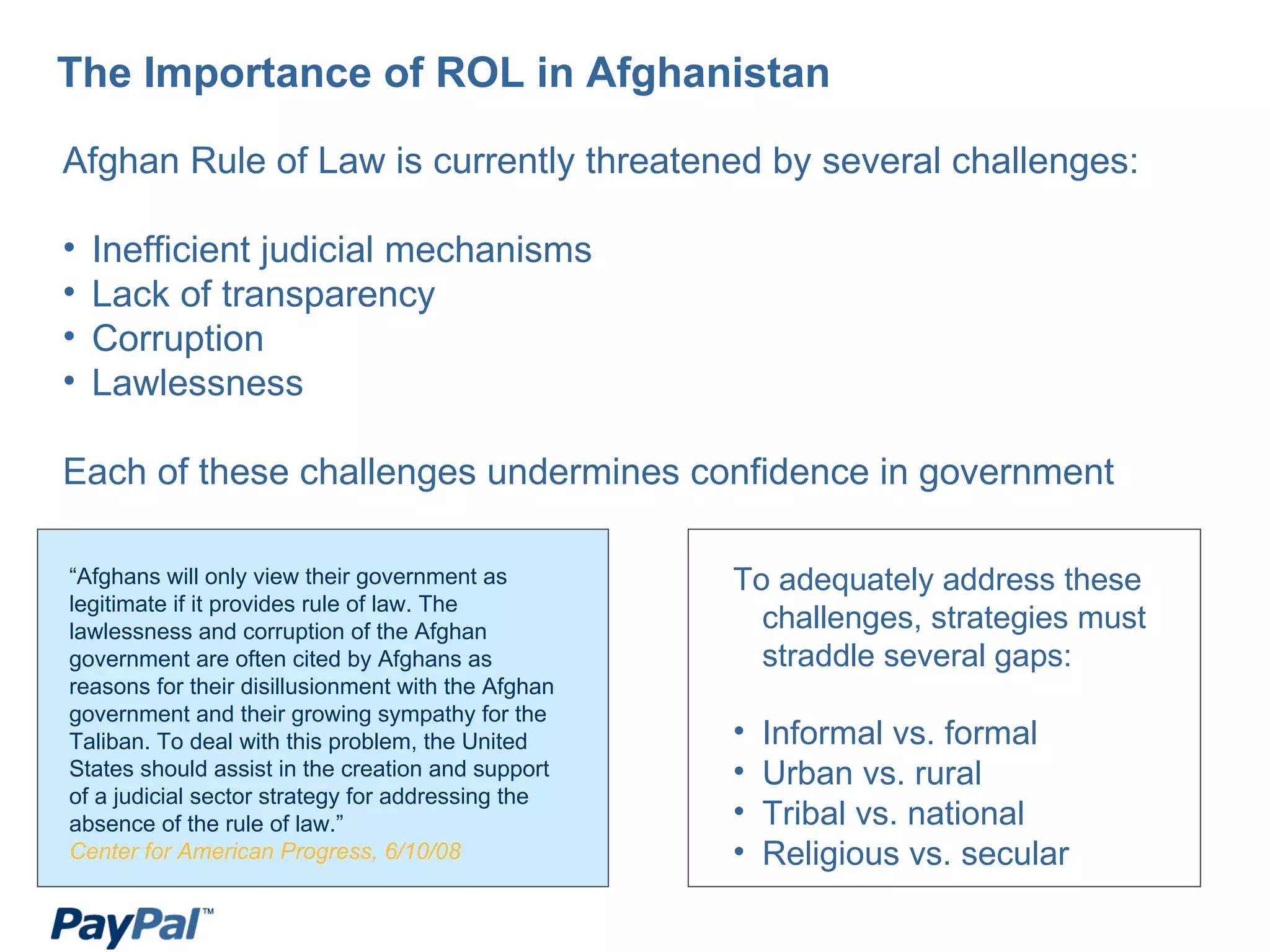 The Importance of ROL in Afghanistan “ Afghans will only view their government as legitimate if it provides rule of law. The lawlessness and corruption of the Afghan government are often cited by Afghans as reasons for their disillusionment with the Afghan government and their growing sympathy for the Taliban. To deal with this problem, the United States should assist in the creation and support of a judicial sector strategy for addressing the absence of the rule of law.”  Center for American Progress, 6/10/08 Afghan Rule of Law is currently threatened by several challenges: Inefficient judicial mechanisms Lack of transparency Corruption  Lawlessness Each of these challenges undermines confidence in government To adequately address these challenges, strategies must straddle several gaps: Informal vs. formal  Urban vs. rural Tribal vs. national Religious vs. secular 