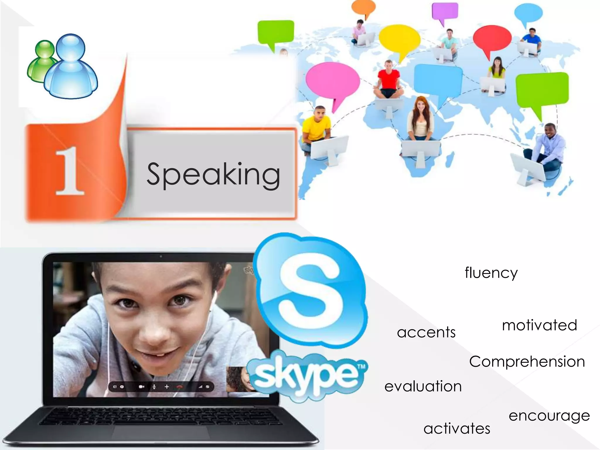 Speaking


                        fluency


            accents         motivated

                        Comprehension
           evaluation
                             encourage
                activates
 