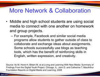 More Network & Collaboration
• Middle and high school students are using social
  media to connect with one another on homework
  and group projects.
    – For example, Facebook and similar social media
      programs allow students to gather outside of class to
      collaborate and exchange ideas about assignments.
      Some schools successfully use blogs as teaching
      tools, which has the benefit of reinforcing skills in
      English, written expression, and creativity.

Source: Ito M, Horst H, Bittani M, et al.Living and Learning With New Media: Summary of
Findings From the Digital Youth Project. Chicago, IL: John D. and Catherine T. MacArthur
Foundation Reports on Digital Media and Learning; 2008
 