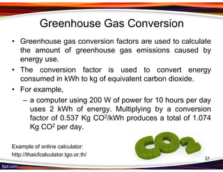 Greenhouse Gas Conversion
• Greenhouse gas conversion factors are used to calculate
  the amount of greenhouse gas emissions caused by
  energy use.
• The conversion factor is used to convert energy
  consumed in kWh to kg of equivalent carbon dioxide.
• For example,
   – a computer using 200 W of power for 10 hours per day
     uses 2 kWh of energy. Multiplying by a conversion
     factor of 0.537 Kg CO2/kWh produces a total of 1.074
     Kg CO2 per day.

Example of online calculator:
http://thaicfcalculator.tgo.or.th/
                                                       37
 
