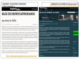 AMBAR ALVAREZ Advanced 4
http://ambaralvarez.blogspot.es/1397264364/a-terrible-
experiencie/#com
HENRY CASTRO RAMOS
Intermediate 1
http://henrycastroramos.blogspot.es/1397237921/
http://alessandraabc.wix.com/writer
 