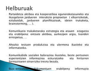 Partaidetza aktiboa eta kooperatiboa egunerokotasuneko eta 
ikasgelaren jardueren interakzio propioetan ( elkarrizketak, 
eztabaidak, jardueren planifikazioak, ideien trukaketa, 
brainstorming, … ). 
Komunikazio trukaketarako estrategia eta arauen ezagutza 
eta erabilpena: entzute aktiboa, aurkezpen argia, txanden 
errespetua, … 
Ahozko testuen produkzioa eta ulermena ikasteko eta 
informatzeko. 
Komunikabide sozialen balorazioa ikasteko, beste pertsonen 
esperientzien informazioa eskuratzeko eta hiritarren 
formazioaren oinarrizko tresna bezala. 
Ikus-entzuteko dokumentuen erabilpena informazio 
nabarmena lortzeko, aukeratzeko eta harremantzeko, 
 