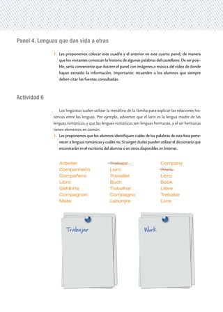 Panel 4. Lenguas que dan vida a otras

              1.	 Les proponemos colocar este cuadro y el anterior en este cuarto panel, de manera
                  que los visitantes conozcan la historia de algunas palabras del castellano. De ser posi-
                  ble, sería conveniente que ilustren el panel con imágenes o música del video de donde
                  hayan extraído la información. Importante: recuerden a los alumnos que siempre
                  deben citar las fuentes consultadas.



Actividad 6

                  Los lingüistas suelen utilizar la metáfora de la familia para explicar las relaciones his-
              tóricas entre las lenguas. Por ejemplo, advierten que el latín es la lengua madre de las
              lenguas románicas, y que las lenguas románicas son lenguas hermanas, y al ser hermanas
              tienen elementos en común.
              1.	 Les proponemos que los alumnos identifiquen cuáles de las palabras de esta lista perte-
                  necen a lenguas románicas y cuáles no. Si surgen dudas pueden utilizar el diccionario que
                  encontrarán en el escritorio del alumno o en otros disponibles en Internet.


                 Arbeiter                         Trabajar                        Company
                 Companheiro                      Livro                           Work
                 Compañero                        Travailler                      Libro
                 Libro                            Buch                            Book
                 Gefährte                         Trabalhar                       Llibre
                 Compagnon                        Compagno                        Treballar
                 Mate                             Laborare                        Livre


                                                                                                               Actividades




                                                                                                               35
 