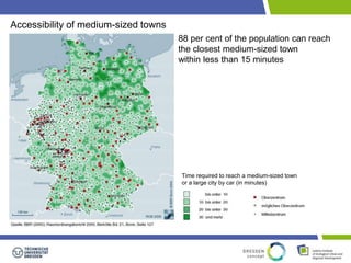 88 per cent of the population can reach 
the closest medium-sized town 
within less than 15 minutes 
Accessibility of medium-sized towns 
Time required to reach a medium-sized town 
or a large city by car (in minutes) 
 