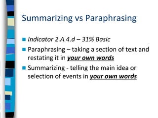 Summarizing vs Paraphrasing

 Indicator 2.A.4.d – 31% Basic
 Paraphrasing – taking a section of text and
  restating it in your own words
 Summarizing - telling the main idea or
  selection of events in your own words
 