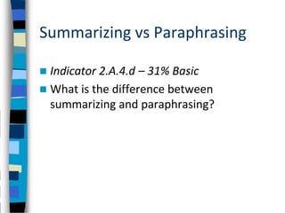 Summarizing vs Paraphrasing

 Indicator 2.A.4.d – 31% Basic
 What is the difference between
  summarizing and paraphrasing?
 