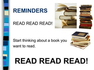 REMINDERS

READ READ READ!


Start thinking about a book you
want to read.



READ READ READ!
 
