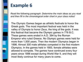 Example 6
Read the following paragraph. Determine the main ideas as you read
and then fill in the chronological order chart in your class notes!


The Olympic Games began as athletic festivals to honor the
Greek gods. The most important festival was held in the
valley of Olympia to honor Zeus, the king of the gods. It was
this festival that became the Olympic games in 776 B.C.
These games were ended in A.D. 394 by the Roman
Emperor who ruled Greece. No Olympic games were held for
more than 1,500 years. Then the modern Olympics began in
1896. Almost 300 male athletes competed in the first modern
Olympics. In the games held in 1900, female athletes were
allowed to compete. The games have continued every four
years since 1896 except during World War II, and they will
most likely continue for many years to come.
 