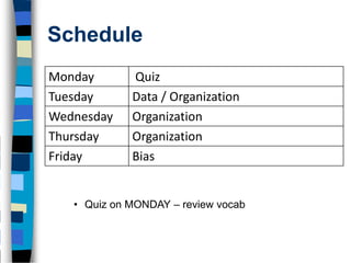 Schedule
Monday       Quiz
Tuesday      Data / Organization
Wednesday    Organization
Thursday     Organization
Friday       Bias


   • Quiz on MONDAY – review vocab
 