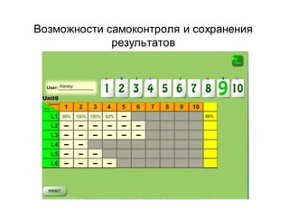 Возможности самоконтроля и сохранения
             результатов
 