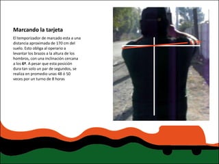 Marcando la tarjeta
El temporizador de marcado esta a una
distancia aproximada de 170 cm del
suelo. Esto obliga al operario a
levantar los brazos a la altura de los
hombros, con una inclinación cercana
a los 6º. A pesar que esta posición
dura tan solo un par de segundos, se
realiza en promedio unas 48 ó 50
veces por un turno de 8 horas
 