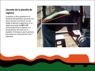 Llenado de la planilla de
registro
La planilla se llena apoyada en el
banquillo del paradero, que tiene una
altura cercana a los 50 cm, lo cual
obliga al operario a agacharse en un
ángulo promedio de 68º a 72º
aproximadamente.( respecto a la
perpendicular del suelo con la
espalda). El tiempo en que la persona
permanece en esta posición es de 7
segundos.
 
