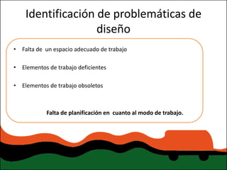 Identificación de problemáticas de
                   diseño
• Falta de un espacio adecuado de trabajo

• Elementos de trabajo deficientes

• Elementos de trabajo obsoletos



            Falta de planificación en cuanto al modo de trabajo.
 