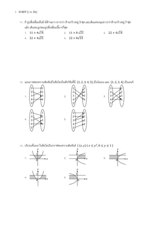 4 O-NET (ก.พ. 56)
11. ถ้ารูปสีเหลียมผืนผ้ามีด้านยาว ยาวกว่า ด้านกว้างอยู่ 3 ฟุต และเส้นแทยงมุมยาวกว่าด้านกว้างอยู่ 7 ฟุต
แล้ว เส้นรอบรูปของรูปสีเหลียมนียาวกีฟุต
1. 11 + 4√14 2. 11 + 8 √21 3. 22 + 4√14
4. 22 + 4√21 5. 22 + 8√14
12. แผนภาพของความสัมพันธ์ในข้อใดเป็นฟังก์ชันทีมี ሼ1, 2, 3, 4, 5ሽ เป็นโดเมน และ ሼ1, 2, 3, 4ሽ เป็นเรนจ์
1. 2. 3.
4. 5.
13. บริเวณทีแรเงาในข้อใดเป็นกราฟของความสัมพันธ์ ሼ (‫,ݔ‬ ‫)ݕ‬ | ‫ݔ‬ ≤ ‫ݕ‬ଶ
, 0 ≤ ‫ݕ‬ ≤ 1 ሽ
1. 2. 3.
4. 5.
1
2
3
4
5
1
2
3
4
1
2
3
4
5
1
2
3
4
1
2
3
4
5
1
2
3
4
1
2
3
4
5
1
2
3
4
1
2
3
4
5
1
2
3
4
‫ݔ‬
‫ݕ‬
0
1
‫ݔ‬
‫ݕ‬
0
1
‫ݔ‬
‫ݕ‬
0
1
‫ݔ‬
‫ݕ‬
0
1
‫ݔ‬
‫ݕ‬
0
1
 