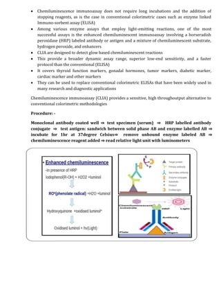  Chemiluminescence immunoassay does not require long incubations and the addition of
stopping reagents, as is the case in conventional colorimetric cases such as enzyme linked
Immuno-sorbent assay (ELISA)
 Among various enzyme assays that employ light-emitting reactions, one of the most
successful assays is the enhanced chemiluminescent immunoassay involving a horseradish
peroxidase (HRP) labeled antibody or antigen and a mixture of chemiluminescent substrate,
hydrogen peroxide, and enhancers
 CLIA are designed to detect glow based chemiluminescent reactions
 This provide a broader dynamic assay range, superior low-end sensitivity, and a faster
protocol than the conventional (ELISA)
 It covers thyroid function markers, gonadal hormones, tumor markers, diabetic marker,
cardiac marker and other markers
 They can be used to replace conventional colorimetric ELISAs that have been widely used in
many research and diagnostic applications
Chemiluminescence immunoassay (CLIA) provides a sensitive, high throughoutput alternative to
conventional colorimetric methodologies
Procedure: -
Monoclonal antibody coated well ⇒ test specimen (serum) ⇒ HRP labelled antibody
conjugate ⇒ test antigen: sandwich between solid phase AB and enzyme labelled AB ⇒
incubate for 1hr at 37degree Celsius⇒ remove unbound enzyme labeled AB ⇒
chemiluminescence reagent added ⇒ read relative light unit with luminometers
 