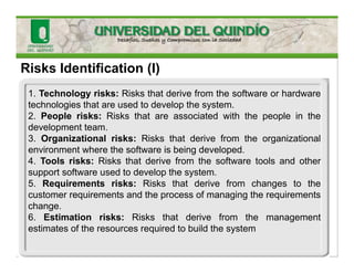 Risks Identification (I)
1. Technology risks: Risks that derive from the software or hardware
technologies that are used to develop the system.
2. People risks: Risks that are associated with the people in the
development team.
3. Organizational risks: Risks that derive from the organizational
environment where the software is being developed.
4. Tools risks: Risks that derive from the software tools and other
support software used to develop the system.
5. Requirements risks: Risks that derive from changes to the
customer requirements and the process of managing the requirements
change.
6. Estimation risks: Risks that derive from the management
estimates of the resources required to build the system
 
