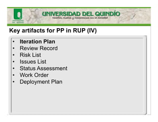 Key artifacts for PP in RUP (IV)
• Iteration Plan
• Review Record
• Risk List
• Issues List
• Status Assessment
• Work Order
• Deployment Plan
 