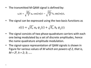 • The transmitted M-QAM signal is defined by:
• The signal can be expressed using the two basis functions as
• The signal consists of two phase-quadrature carriers with each
one being modulated by a set of discrete amplitudes, hence
the name quadrature amplitude modulation.
• The signal-space representation of QAM signals is shown in
Figure for various values of M which are powers of 2, that is,
M = 2k, k = 2; 3; …..
𝑠 𝑡 = 𝐸𝑜 𝑎 𝑘 𝜓1
𝑡 + 𝐸𝑜 𝑏 𝑘 𝜓2
(𝑡)
6
 