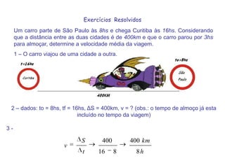 Exercícios  ResolvidosUm carro parte de São Paulo às 8hs e chega Curitiba às 16hs. Considerando que a distância entre as duas cidades é de 400km e que o carro parou por 3hs para almoçar, determine a velocidade média da viagem.1 – O carro viajou de uma cidade a outra. 2 – dados: to = 8hs, tf = 16hs, ΔS = 400km, v = ? (obs.: o tempo de almoço já esta incluído no tempo da viagem) 3 - 