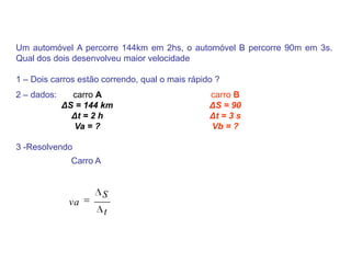 Um automóvel A percorre 144km em 2hs, o automóvel B percorre 90m em 3s. Qual dos dois desenvolveu maior velocidade1 – Dois carros estão correndo, qual o mais rápido ? 2 – dados: carro BΔS = 90 Δt = 3 s Vb = ? carro AΔS = 144 km Δt = 2 h Va = ? 3 -ResolvendoCarro A