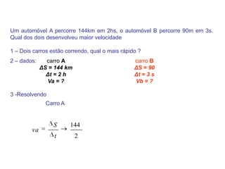 Um automóvel A percorre 144km em 2hs, o automóvel B percorre 90m em 3s. Qual dos dois desenvolveu maior velocidade1 – Dois carros estão correndo, qual o mais rápido ? 2 – dados: carro BΔS = 90 Δt = 3 s Vb = ? carro AΔS = 144 km Δt = 2 h Va = ? 3 -ResolvendoCarro A