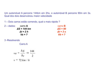 Um automóvel A percorre 144km em 2hs, o automóvel B percorre 90m em 3s. Qual dos dois desenvolveu maior velocidade1 – Dois carros estão correndo, qual o mais rápido ? 2 – dados: carro BΔS = 90 Δt = 3 s Vb = ? carro AΔS = 144 km Δt = 2 h Va = ? 3 -ResolvendoCarro A