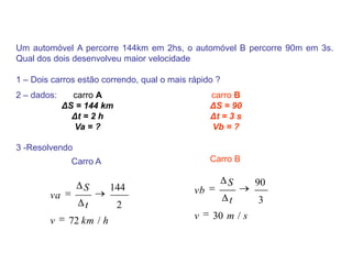 Um automóvel A percorre 144km em 2hs, o automóvel B percorre 90m em 3s. Qual dos dois desenvolveu maior velocidade1 – Dois carros estão correndo, qual o mais rápido ? 2 – dados: carro BΔS = 90 Δt = 3 s Vb = ? carro AΔS = 144 km Δt = 2 h Va = ? 3 -ResolvendoCarro BCarro A