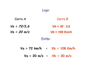Logo:Carro ACarro BVa = 72/3,6 Va = 20 m/sVb = 30 · 3,6 Vb = 108 Km/hEntão:Va = 72 km/h   <Vb = 108 Km/hVa = 20 m/s  <Vb = 30 m/s