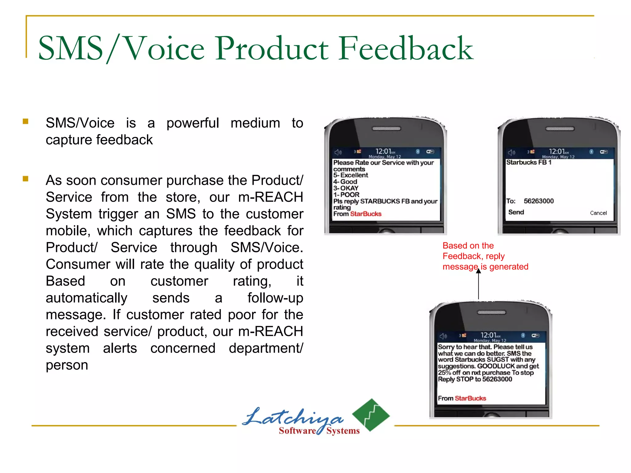 SMS/Voice Product Feedback
 SMS/Voice is a powerful medium to
capture feedback
 As soon consumer purchase the Product/
Service from the store, our m-REACH
System trigger an SMS to the customer
mobile, which captures the feedback for
Product/ Service through SMS/Voice.
Consumer will rate the quality of product
Based on customer rating, it
automatically sends a follow-up
message. If customer rated poor for the
received service/ product, our m-REACH
system alerts concerned department/
person
Based on the
Feedback, reply
message is generated
 