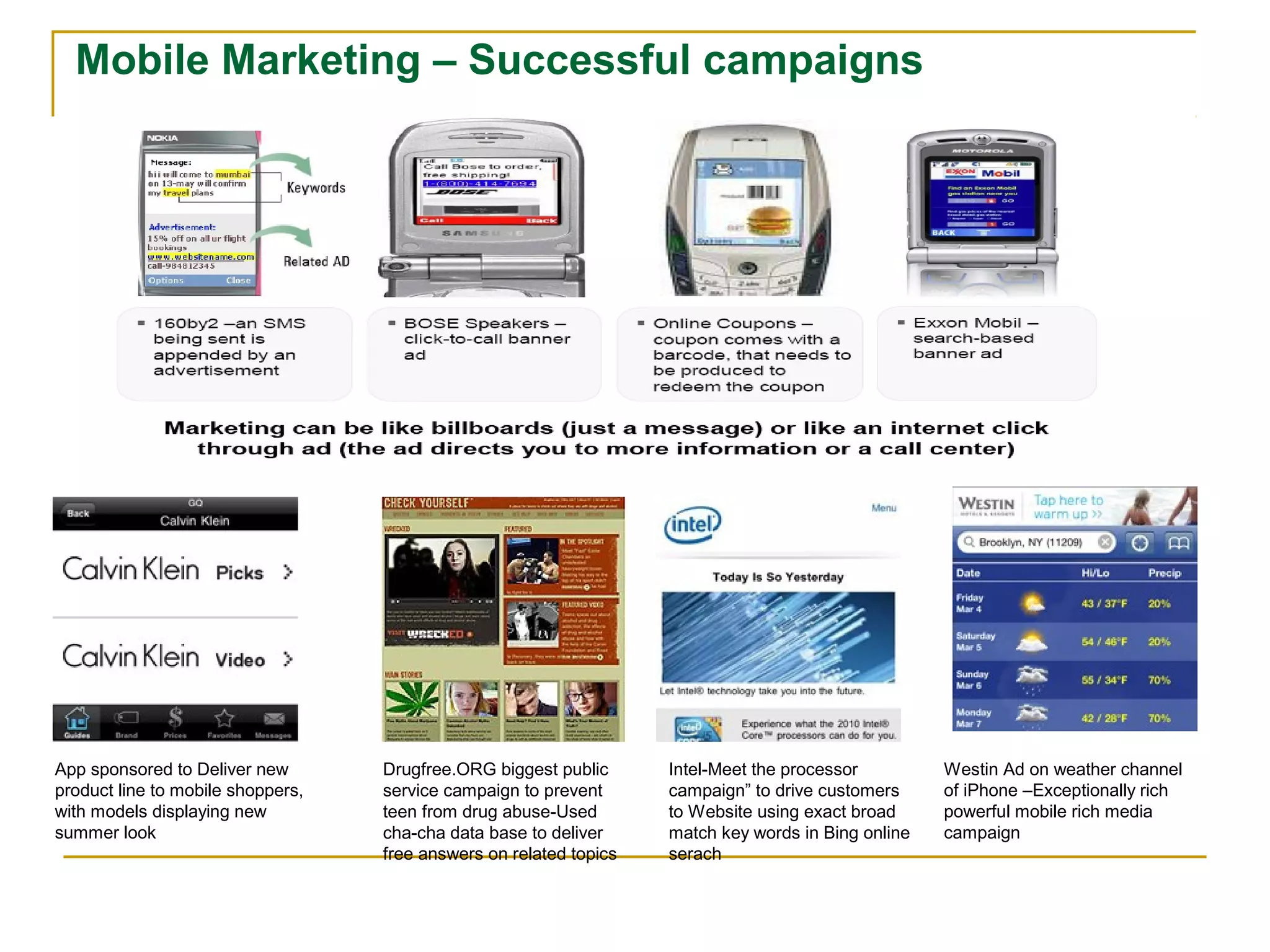 Mobile Marketing – Successful campaigns
App sponsored to Deliver new
product line to mobile shoppers,
with models displaying new
summer look
Drugfree.ORG biggest public
service campaign to prevent
teen from drug abuse-Used
cha-cha data base to deliver
free answers on related topics
Intel-Meet the processor
campaign” to drive customers
to Website using exact broad
match key words in Bing online
serach
Westin Ad on weather channel
of iPhone –Exceptionally rich
powerful mobile rich media
campaign
 