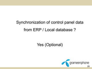 20 
Synchronization of control panel data 
from ERP / Local database ? 
Yes (Optional) 
 