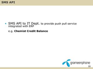 33 
SMS API 
• SMS API to IT Dept. to provide push pull service 
integrated with ERP 
e.g. Chemist Credit Balance 
 
