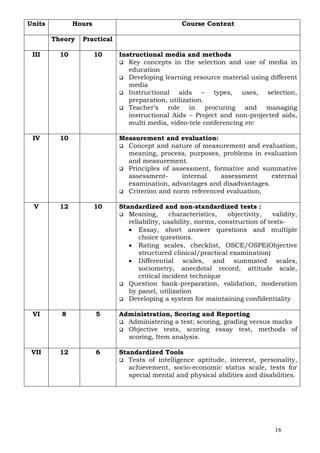 Units          Hours                              Course Content

        Theory   Practical

 III      10           10    Instructional media and methods
                                Key concepts in the selection and use of media in
                                education
                                Developing learning resource material using different
                                media
                                Instructional aids – types, uses, selection,
                                preparation, utilization.
                                Teacher’s role in procuring and managing
                                instructional Aids – Project and non-projected aids,
                                multi media, video-tele conferencing etc

 IV       10                 Measurement and evaluation:
                               Concept and nature of measurement and evaluation,
                               meaning, process, purposes, problems in evaluation
                               and measurement.
                               Principles of assessment, formative and summative
                               assessment-      internal   assessment     external
                               examination, advantages and disadvantages.
                               Criterion and norm referenced evaluation,

 V        12           10    Standardized and non-standardized tests :
                                Meaning,       characteristics,   objectivity,   validity,
                                reliability, usability, norms, construction of tests-
                                • Essay, short answer questions and multiple
                                    choice questions.
                                • Rating scales, checklist, OSCE/OSPE(Objective
                                    structured clinical/practical examination)
                                • Differential scales, and summated scales,
                                    sociometry, anecdotal record, attitude scale,
                                    critical incident technique
                                Question bank-preparation, validation, moderation
                                by panel, utilization
                                Developing a system for maintaining confidentiality

 VI       8            5     Administration, Scoring and Reporting
                               Administering a test; scoring, grading versus marks
                               Objective tests, scoring essay test, methods of
                               scoring, Item analysis.

 VII      12           6     Standardized Tools
                                Tests of intelligence aptitude, interest, personality,
                                achievement, socio-economic status scale, tests for
                                special mental and physical abilities and disabilities.




                                                                                  16
 
