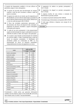 A respeito dos lançamentos contábeis e de seus reflexos no           61   O pagamento de salários no período corresponde a
patrimônio, julgue os itens subseqüentes.                                 R$ 13.150,00.

56   O registro da provisão para desvalorização de estoques          62   O pagamento de aluguel no período corresponde a
     reduzirá o valor do ativo circulante e afetará o saldo do            R$ 13.470,00.
     passivo circulante.                                             63   A empresa recebeu de seus clientes o montante de
57   O registro da venda de um veículo, que foi adquirido por             R$ 8.030,00 no período avaliado.
     R$ 40.000,00 e possuía saldo de depreciação acumulada de        64   As compras do período totalizaram R$ 3.000,00.
     R$ 20.500,00, proporcionará um lucro de R$ 3.000,00 caso        65   O montante pago a fornecedores corresponde a R$ 6.250,00.
     o valor de venda seja igual a R$ 22.500,00.
                                                                     66   O valor pago referente a despesas com energia foi de
58   O fluxo das atividades operacionais apresentado no                   R$ 8.778,00.
     demonstrativo dos fluxos do disponível não contempla o
     pagamento de parcelas vinculadas a seguros antecipados            RASCUNHO
     contratados pela empresa.
59   A venda de um ativo permanente à vista proporcionará
     registro na demonstração de origens e aplicação de recursos
     (DOAR) em ambos os lados: das origens e das aplicações.
60   Ao se apurar o lucro líquido na demonstração do resultado
     do exercício (DRE), o saldo é transferido para a conta de
     lucros ou prejuízos acumulados. A distribuição de
     dividendos poderá ser evidenciada na DRE ou na
     demonstração de lucros ou prejuízos acumulados,
     independentemente do prazo de pagamento aos sócios.



                                          saldo em (R$)
                    conta
                                      1.º/1/2008   31/1/2008
     salários antecipados                6.500        3.200
     receita de vendas                       –       12.500
     salários a pagar                    7.500        5.200
     aluguel antecipado                  6.500        7.650
     receita antecipada                  8.500        6.230
     clientes                            3.200        5.400
     fornecedores                        3.250        4.800
     custo da mercadoria vendida             –        6.200
     despesa de aluguel                      –       10.200
     aluguel a pagar                    9.850         6.580
     despesa de energia                      –        7.850
     despesa de manutenção                   –        6.658
     despesa de depreciação                  –        1.145
     despesa financeira                      –          652
     despesa de salários                     –       10.850
     despesa de combustíveis                 –          787
     veículos                           12.580        2.580
     terrenos                            6.580        5.252
     energia a pagar                     1.258          330
     estoques                           9.000         6.000

Considerando a tabela acima, que apresenta informações
contábeis de uma empresa, julgue os itens de 61 a 66, acerca das
inter-relações entre as contas e suas peculiaridades.


TJDFT
Cargo 9: Analista Judiciário – Área: Apoio Especializado – Especialidade: Contabilidade                                       –6–
 