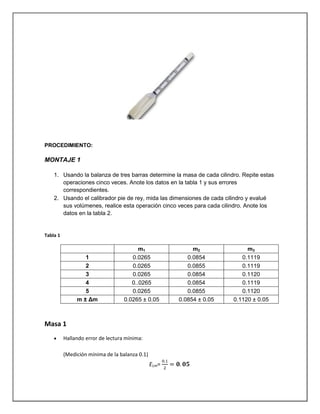 PROCEDIMIENTO:
MONTAJE 1
1. Usando la balanza de tres barras determine la masa de cada cilindro. Repite estas
operaciones cinco veces. Anote los datos en la tabla 1 y sus errores
correspondientes.
2. Usando el calibrador pie de rey, mida las dimensiones de cada cilindro y evalué
sus volúmenes, realice esta operación cinco veces para cada cilindro. Anote los
datos en la tabla 2.
Tabla 1
m1 m2 m3
1 0.0265 0.0854 0.1119
2 0.0265 0.0855 0.1119
3 0.0265 0.0854 0.1120
4 0..0265 0.0854 0.1119
5 0.0265 0.0855 0.1120
m ± Δm 0.0265 ± 0.05 0.0854 ± 0.05 0.1120 ± 0.05
Masa 1
Hallando error de lectura mínima:
(Medición mínima de la balanza 0.1)
ELm=
 