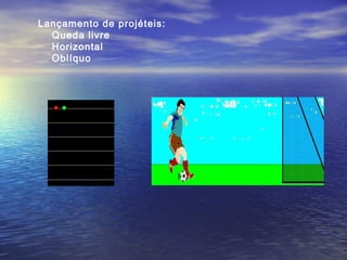 Lançamento de projéteis:
Queda livre
Horizontal
Oblíquo
 