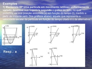 Exemplos
1) Mackenzie-SP Uma partícula em movimento retilíneo uniformemente
variado descreve sua trajetória segundo o gráfico ao lado, no qual
podemos ver sua posição assumida (x) em função do tempo (t), medido a
partir do instante zero. Dos gráficos abaixo, aquele que representa a
velocidade escalar da partícula em função do tempo citado é o da alternativa:
Resp.: a
 