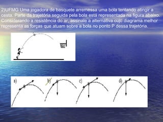 2)UFMG Uma jogadora de basquete arremessa uma bola tentando atingir a
cesta. Parte da trajetória seguida pela bola está representada na figura abaixo.
Considerando a resistência do ar, assinale a alternativa cujo diagrama melhor
representa as forças que atuam sobre a bola no ponto P dessa trajetória.
 