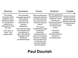 Electrical Symbolical Textual Graphical Tangible 
Paul Dourish 
First analog 
computers where 
operations were 
directly encoded in 
it’s circuits which 
needed to be 
configured for each 
new task. 
There were no 
“users”, only 
programmers. 
First assembly 
languages appeared, 
that rendered 
machine level 
instructions into 
symbolic 
expressions. 
The actual interaction 
took still place with 
encoded punch 
cards, although the 
languages could 
already be 
considered textual. 
With the appearance 
of teletype machines 
and video terminals, 
the primary form of 
interaction became 
textual. 
This can be 
considered the origin 
of interactive 
computing - 
“interactive loop” in 
which the interaction 
became an endless 
back and forth loop 
of instruction and 
response between 
user and system. 
With the appearance 
of graphical UIs the 
interaction moved 
from the one 
dimensional stream 
of characters to a 
two dimensional 
space. 
The task of 
managing 
interaction became 
the task of 
managing space. 
Interaction directly 
through physical 
artifacts rather than 
graphical interfaces 
or classical input 
devices 
 
