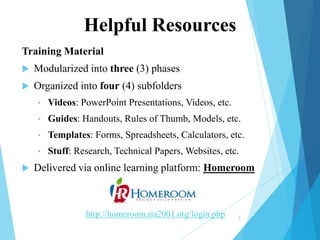 Helpful Resources
Training Material


Modularized into three (3) phases



Organized into four (4) subfolders
•
•

Guides: Handouts, Rules of Thumb, Models, etc.

•

Templates: Forms, Spreadsheets, Calculators, etc.

•



Videos: PowerPoint Presentations, Videos, etc.

Stuff: Research, Technical Papers, Websites, etc.

Delivered via online learning platform: Homeroom

http://homeroom.ria2001.org/login.php

5

 