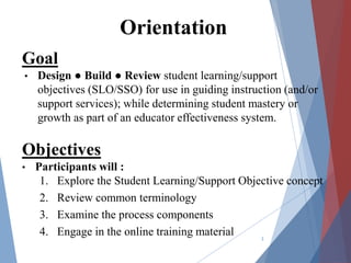 Goal
• Design ● Build ● Review student learning/support
objectives (SLO/SSO) for use in guiding instruction (and/or
support services); while determining student mastery or
growth as part of an educator effectiveness system.
Objectives
• Participants will :
1. Explore the Student Learning/Support Objective concept
2. Review common terminology
3. Examine the process components
4. Engage in the online training material 3
Orientation
 
